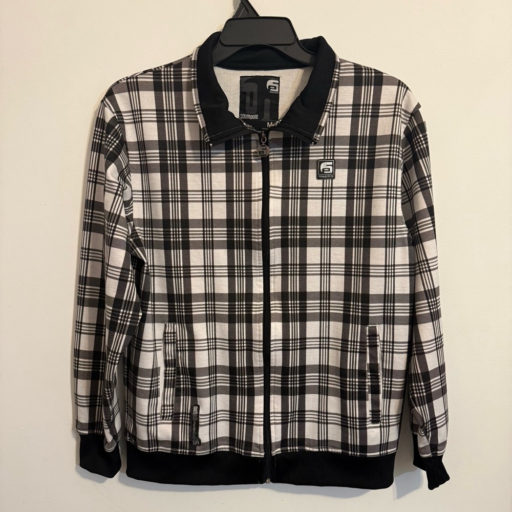 Southpole Plaid Zip-Up Jacket Black White Ribbed Trim Men’s M Y2K